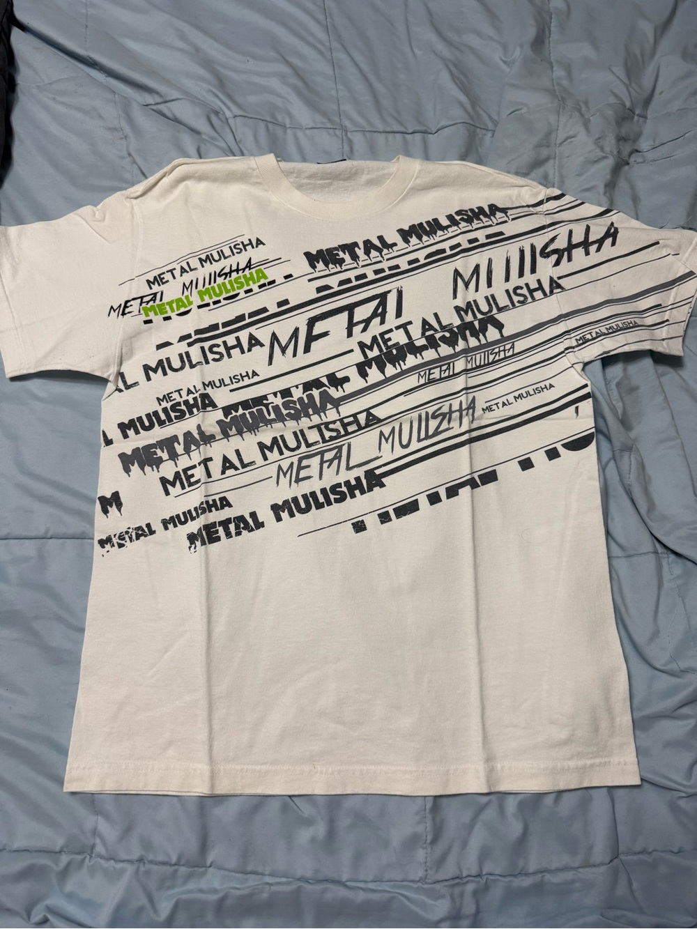 Metal Mulisha White Tee with Black Logo Collage and Neon Green Accents